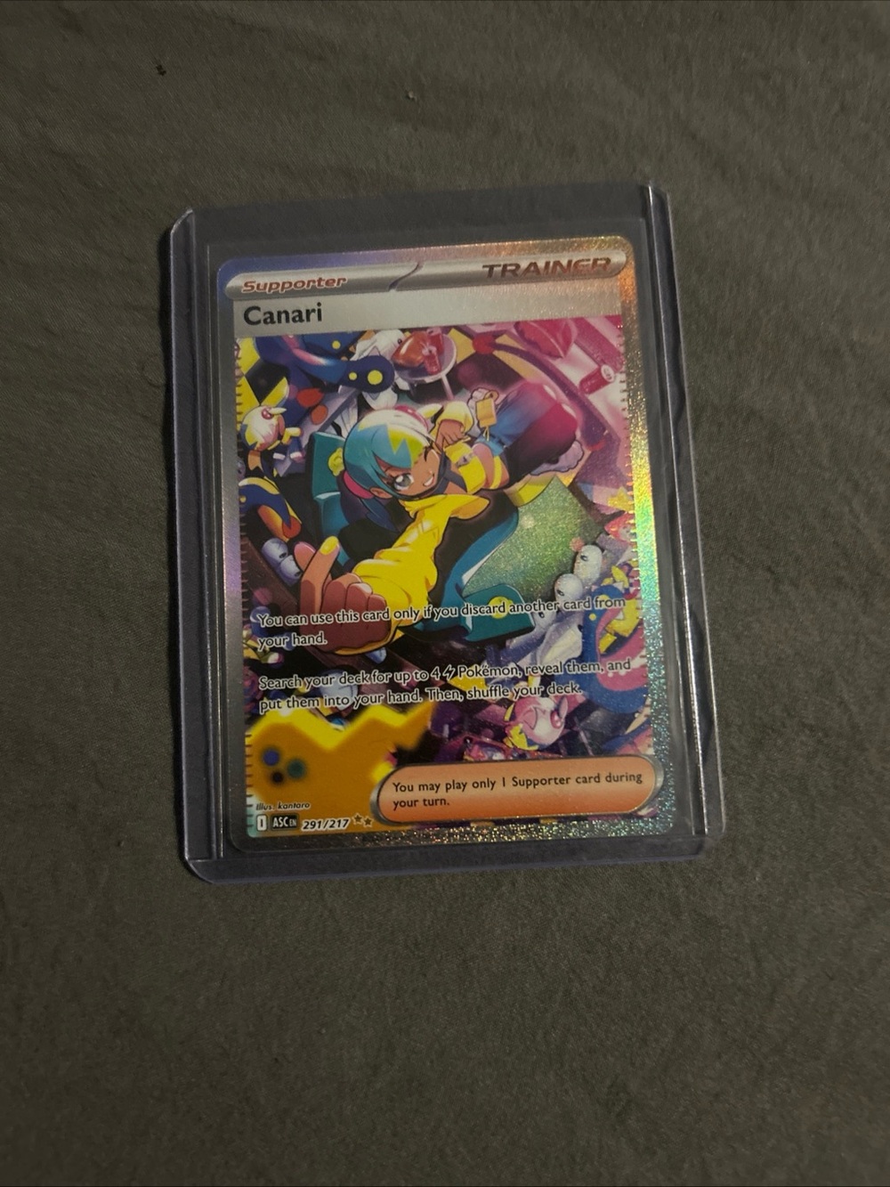 Canari Full-Art Trainer Card — Yellow and Pink Holo